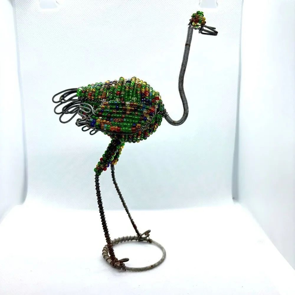 Handcrafted African Beaded Wire Bird Sculpture - Green and Brown